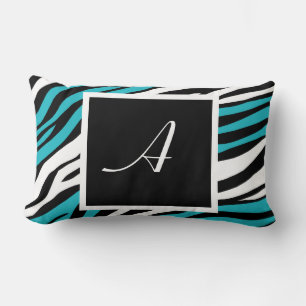 Rectangle Zebra Print Turquoise Monogram Lumbar Coussin
