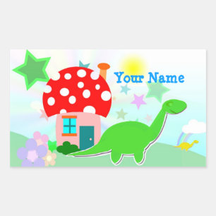 Rectangulaire Cartoon Dino & Mushroom Nom de la maison Sticker