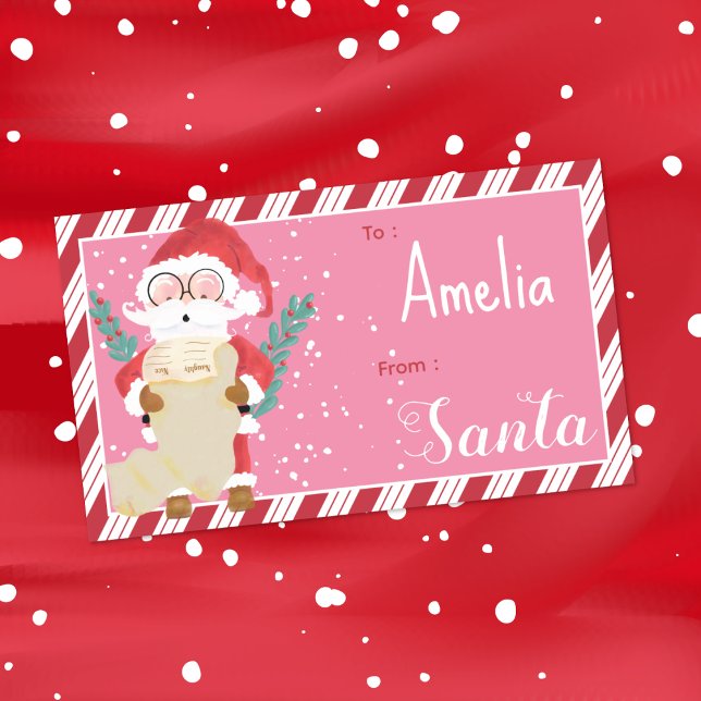 Rectangulaire Custom Santa Kid Pink Gift Tag Sticker (Santa pink , red and white kid personalized gift tag sticker .)