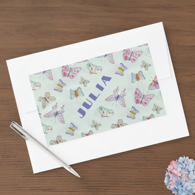 Rectangulaire Cute Butterflies Name Sticker - Set of Four (Custom Name Sticker with cute butterflies 🦋)