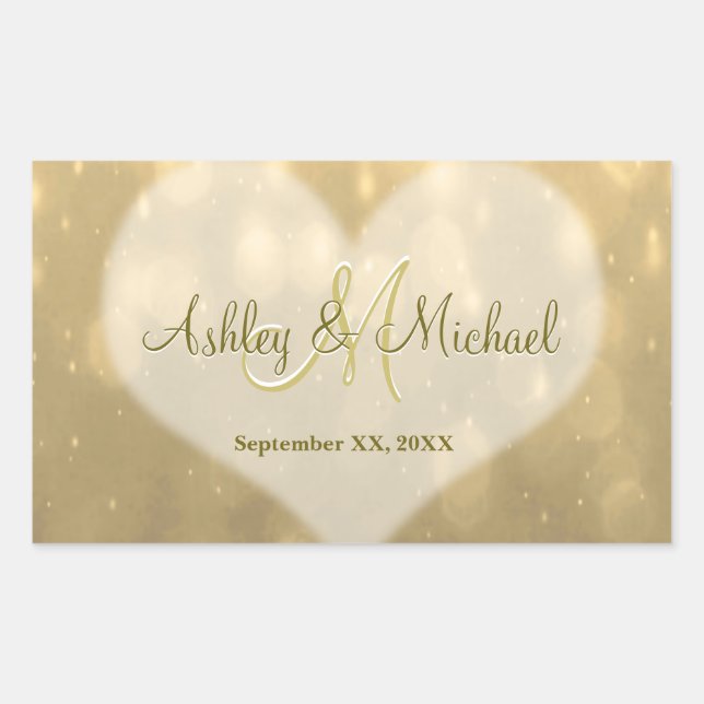 Rectangulaire Gold Bokeh | Sticker Monogram Mariage (Devant)