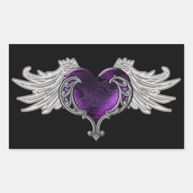 Rectangulaire Goth Coeur pourpre avec Ange Ailes Sticker (Devant)