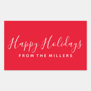 Rectangulaire Happy Holidays Sticker Script Rouge Personnalisé