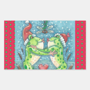 RECTANGULAIRE KISSING FROGS, DRAGONFLY MISTLETOE HOLIDAY STICKER