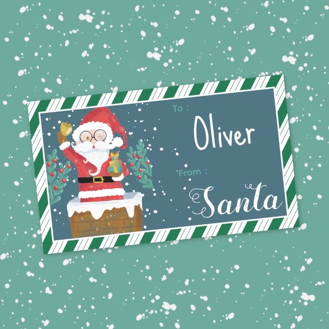Rectangulaire Santa in Chimney Kid Gift Tag Sticker (Créateur téléchargé)