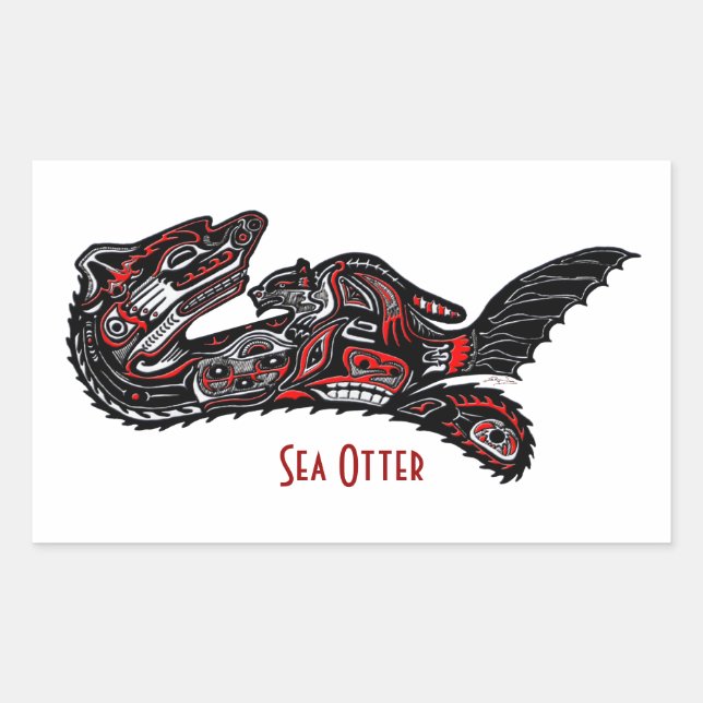 Rectangulaire SEA OTTER & BABY (Haida Styled) Sticker cadeau d'a (Devant)