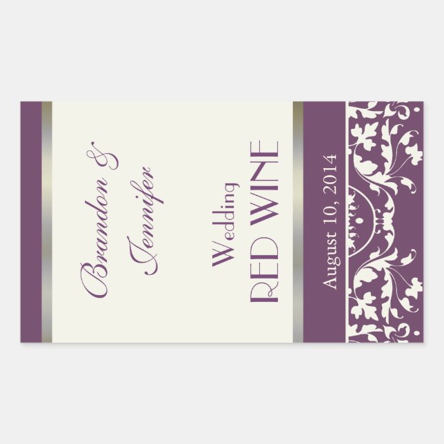 Rectangulaire Sticker à vin de Plum et Crème Mariage damassé (Devant)