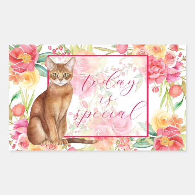Rectangulaire Sticker Abyssinian Chat et Fleurs Aquarelles (Devant)