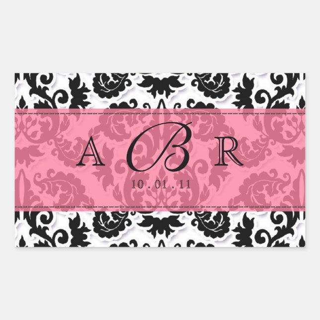 Rectangulaire Sticker Black White n Hot rose Fleur de Lis Damask (Devant)