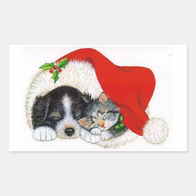 Rectangulaire Sticker de Noël/Chiot et Kitten (Devant)