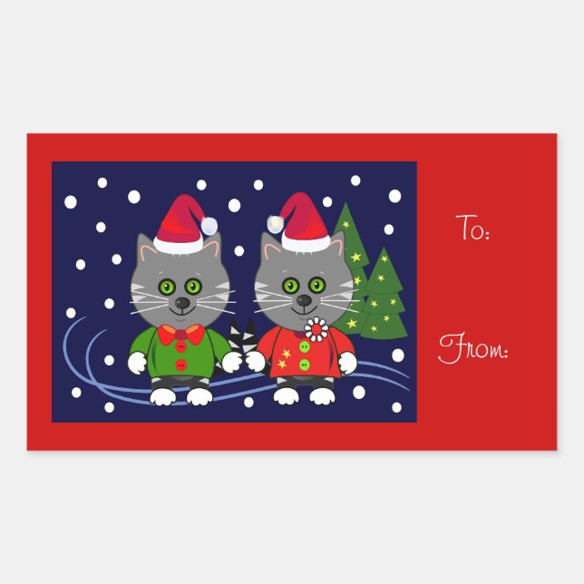 Rectangulaire Sticker de Noël mignon avec chats (Devant)