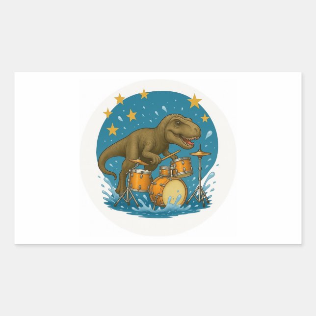 Rectangulaire Sticker : Dinosaure Jouer des tambours avec des ét (Devant)