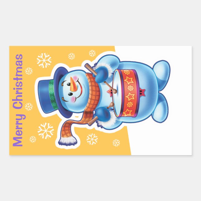 Rectangulaire sticker en or de Noël rectangle Snowman batteur. (Devant)