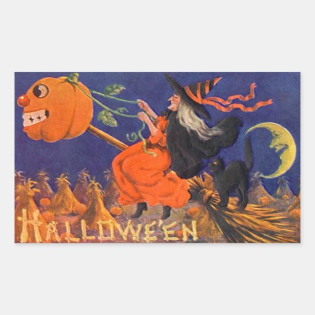 Rectangulaire Sticker Halloween vintage | Chat de sorcière (Devant)