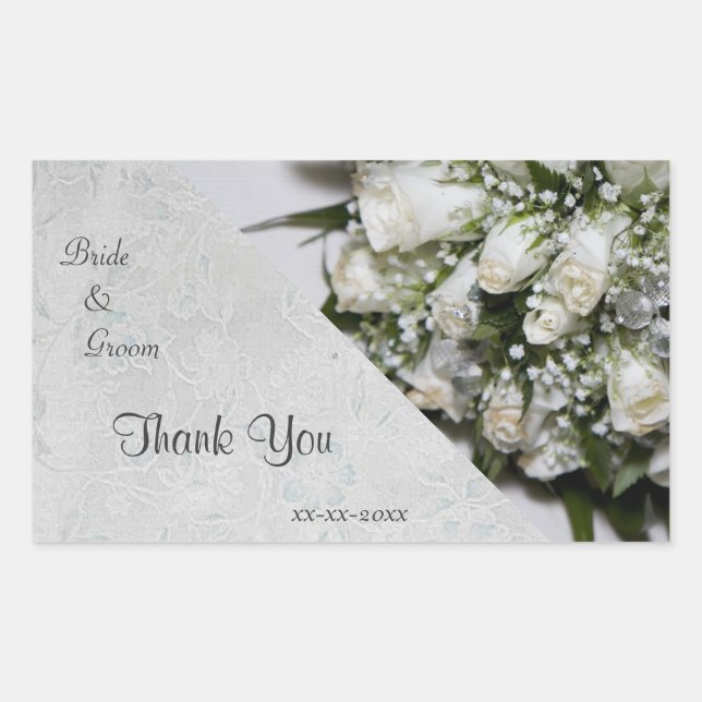 Rectangulaire Sticker Merci Mariage de bouquet de Roses blanches (Devant)