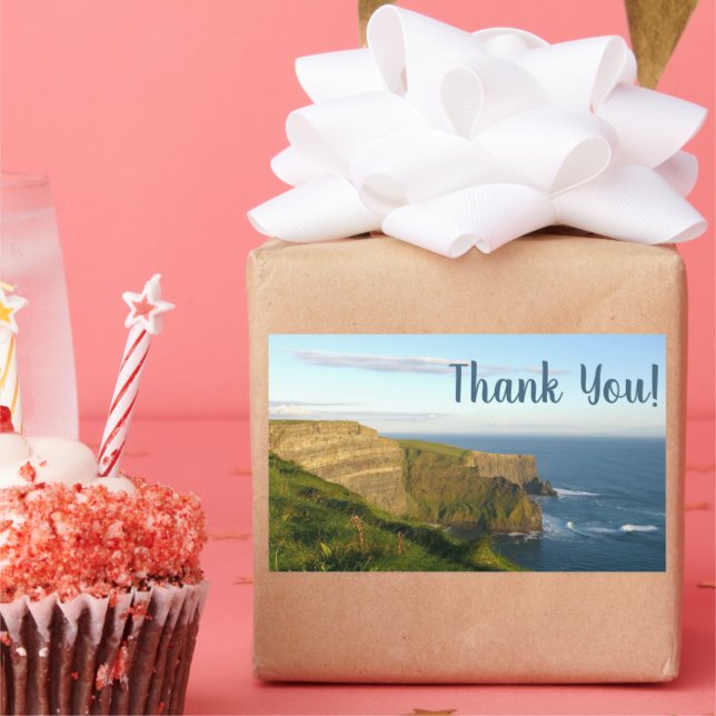 Rectangulaire Sticker Merci photo Blue Sea Cliffs et Sky (Fête)