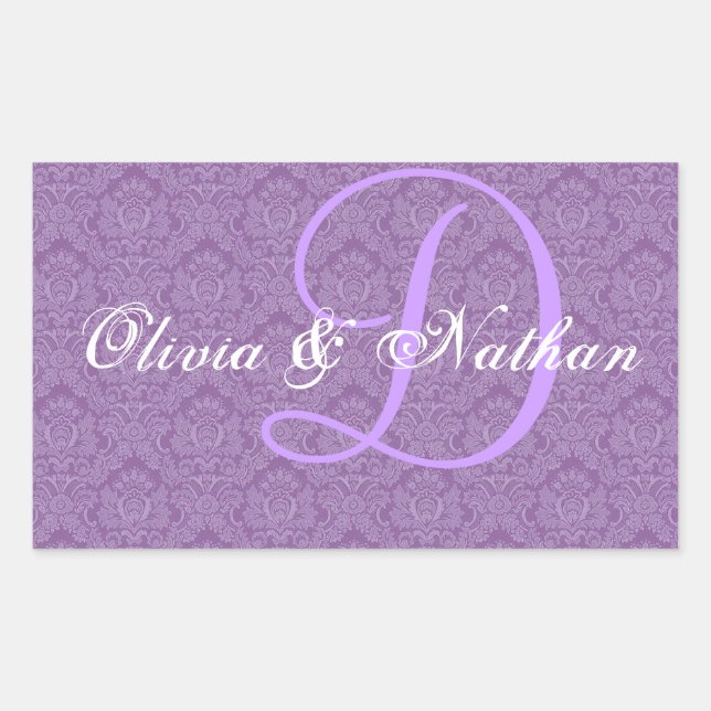 Rectangulaire Sticker Monogramme D violet et blanc Mariage (Devant)