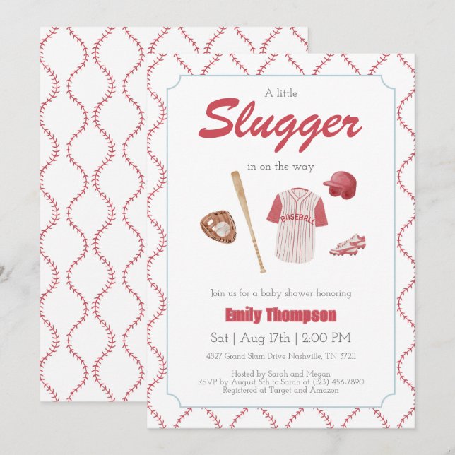 Red A Little Slugger Baby shower invitation (Devant / Derrière)