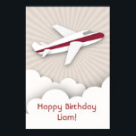 Red Airplane Birthday Poster<br><div class="desc">A birthday poster featuring an illustration of a white airplane with red stripe flying above the clouds over a sunburst background.  Matching birthday party invitations,  stickers,  and more are available at Jill's Paperie.</div>