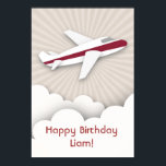 Red Airplane Birthday Poster<br><div class="desc">A birthday poster featuring an illustration of a white airplane with red stripe flying above the clouds over a sunburst background. Matching birthday party invitations, stickers, and more are available at Jill's Paperie.</div>