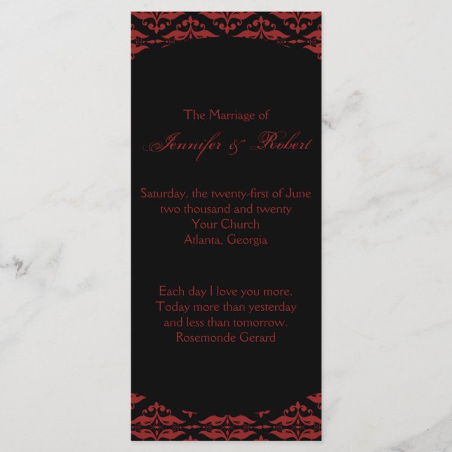 Red and Black Damask Programme de mariage gothique (Devant)