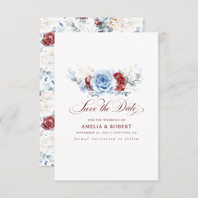 Red and Dusty Blue Floral Save the Date (Devant / Derrière)