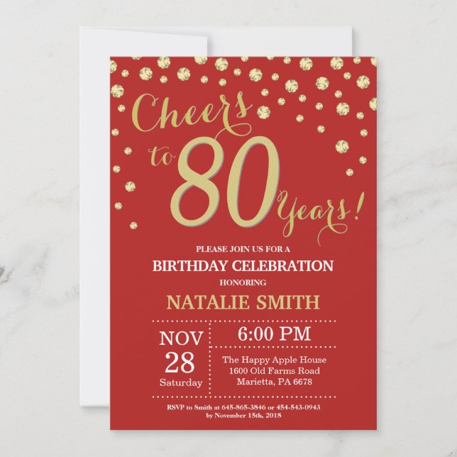 Red and Gold 80th Birthday Diamond Invitation (Devant)