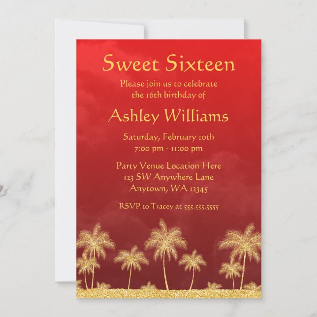 Red and Gold Arabian Nights Sweet 16 Invitations (Devant)