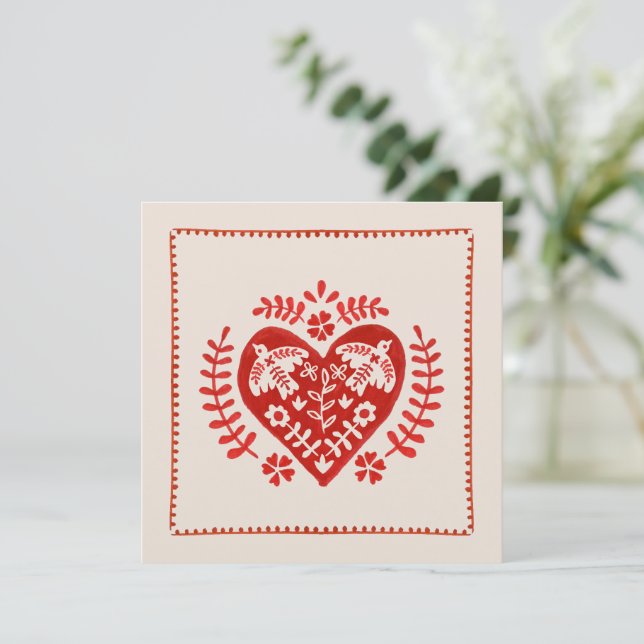 Red and Ivory Folk Art Heart Valentine's Day Card (Debout devant)