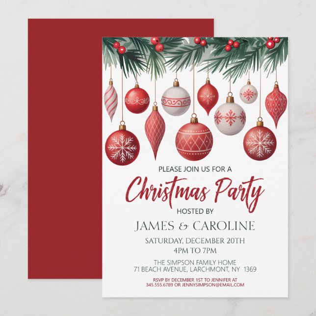 Red and White Christmas Party Invitation (Devant / Derrière)