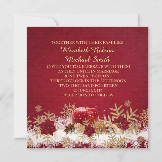 Red Apple Christmas Gold Snowflakes Invitation de  (Devant)