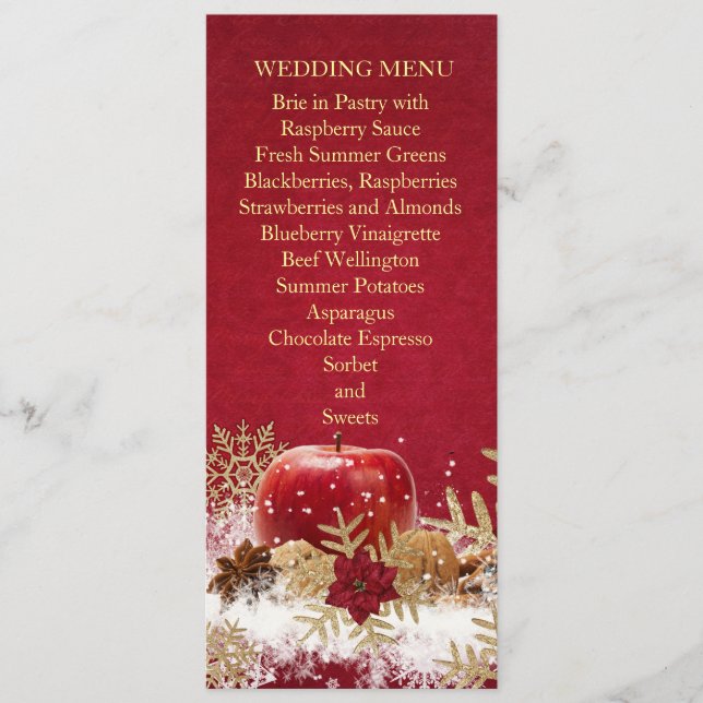 Red Apple Christmas Gold Snowflakes Menu Mariage (Devant)
