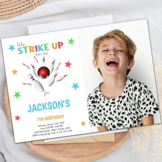 Red Ball Bowling Anniversaire Invitations avec pho (Red Ball Bowling Birthday Invitations with photo)