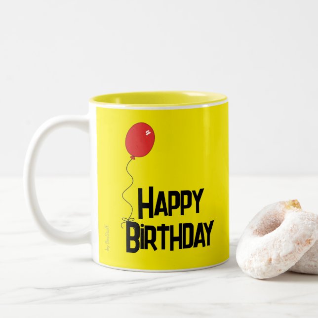 Red Balloon Happy Birthday Yellow Mug (Avec donut)
