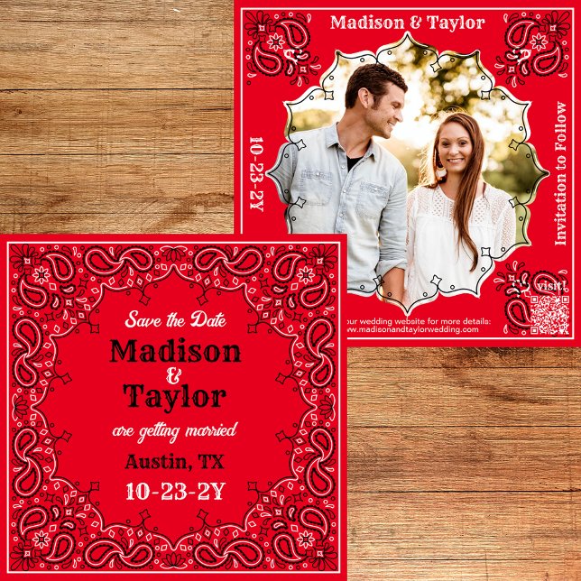 Red Bandana Photo Flat Enregistrer La Carte Date (Classic red bandana Save the Date with your photo and a QR code.)