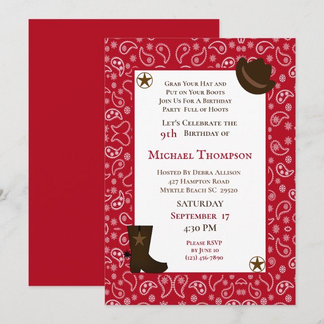Red Bandana Western Cowboy Invitation d'anniversai (Devant / Derrière)
