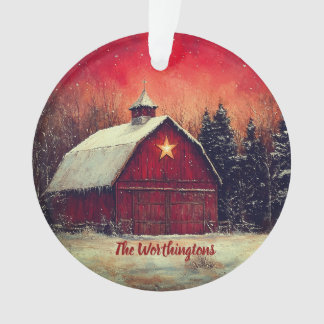 Red Barn with Star and Trees Farmhouse Monogram