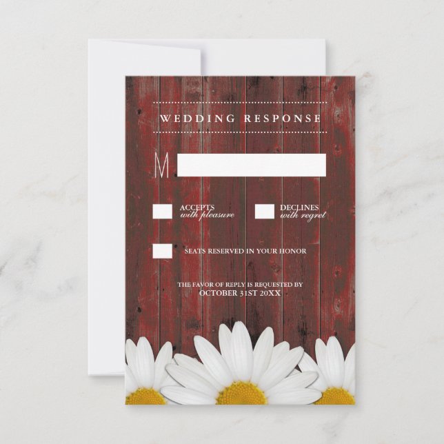 Red Barn Wood Rustic Daisy Wedding Cartes RSVP (Devant)