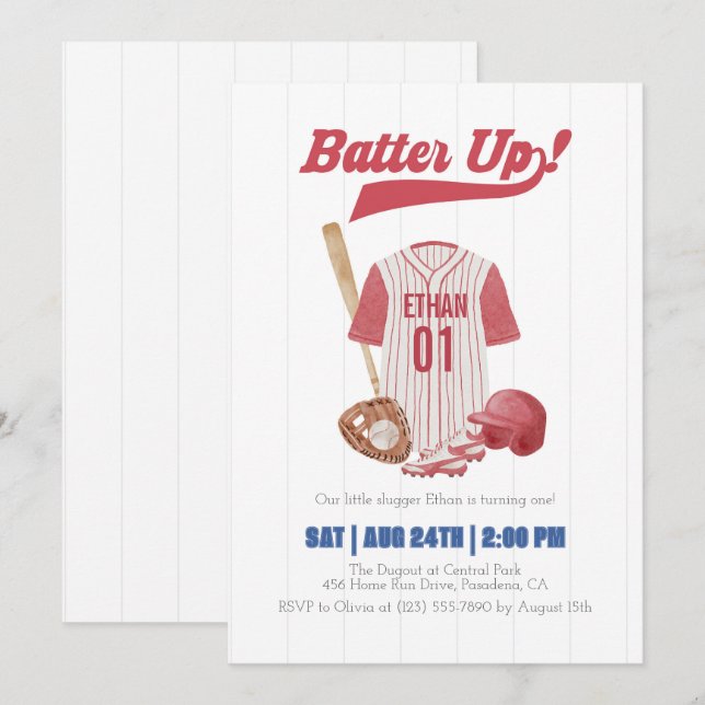 Red Batter Up Baseball First Birthday Invitation (Devant / Derrière)
