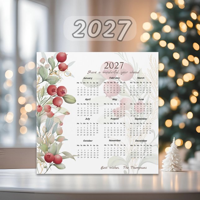 Red Berries Greenery Elegant 2027 Calendar Card (Créateur téléchargé)