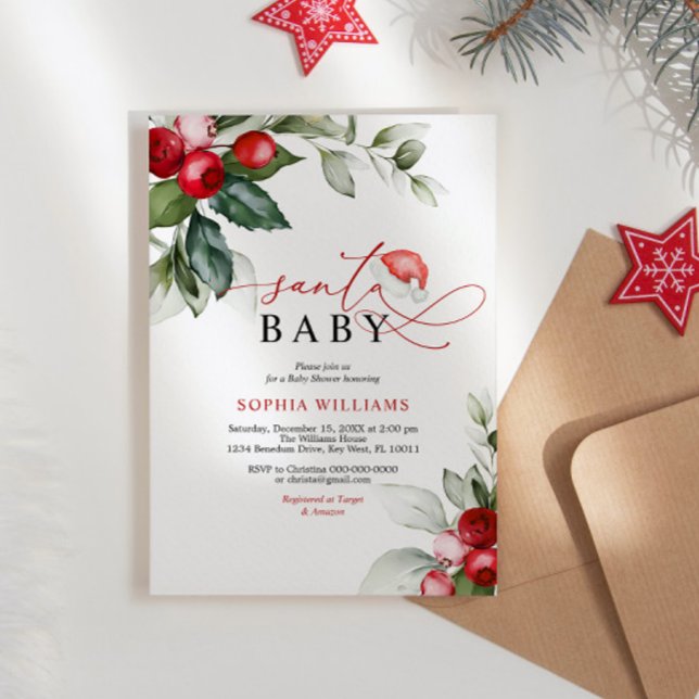 Red Berries Noël Père Noël Baby shower Invitation (Créateur téléchargé)