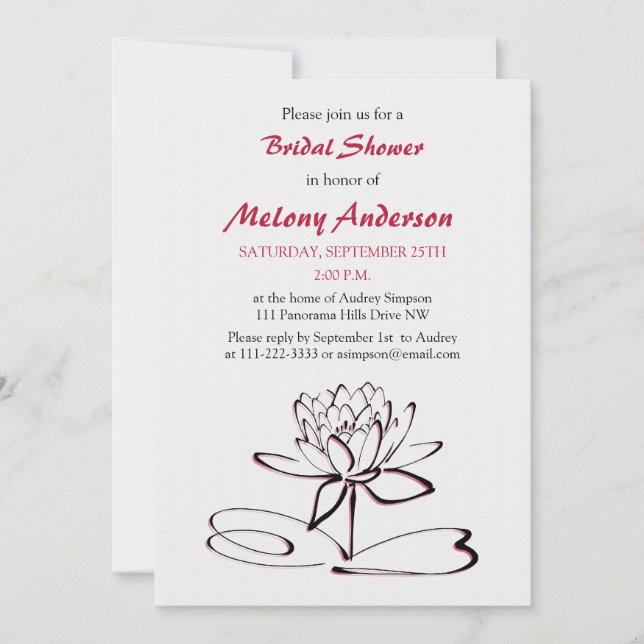 Red Black Asian Lotus Bridal Shower Invitation (Devant)