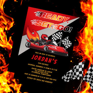 Red   Black Go Kart Racing Anniversaire Invitation