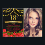 Red Black Gold 18th Birthday Party Invitation<br><div class="desc">Filles 18ème anniversaire invitation avec de beaux numéros d'or et des bannières sur un joli arrière - plan floral rose noir et or rouge. Cette élégante invitation à la fête du 18ème anniversaire de photo est facilement customisée pour votre événement en ajoutant simplement votre photo et les détails de l'événement...</div>