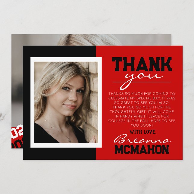 Red & Black Graduation 2 Carte de remerciements ph ( Repeating Class Year 1 & 2 Photo Graduation Invitations & Announcements)