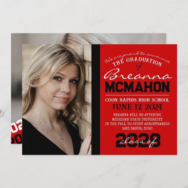 Red & Black Graduation 2 Faire-part photo ( Repeating Class Year 1 & 2 Photo Graduation Invitations & Announcements)