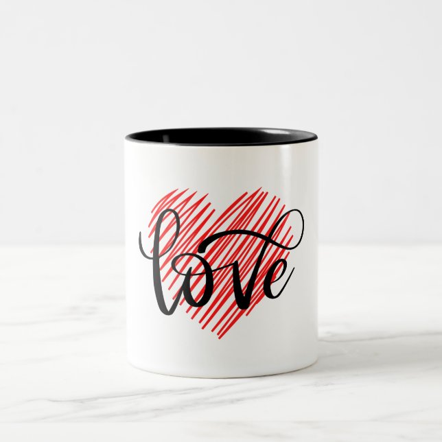 Red Black Illustrated Heart Valentine's Day Mug (Centre)