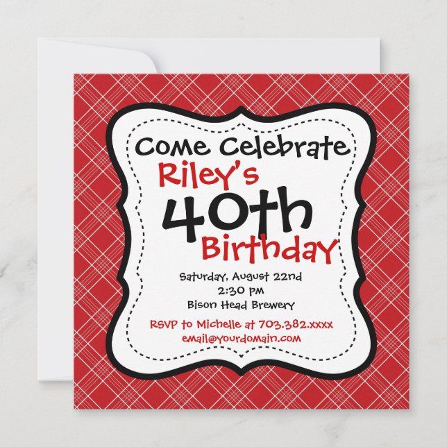 Red Black Plaid 40th Birthday Party Invitations (Devant)