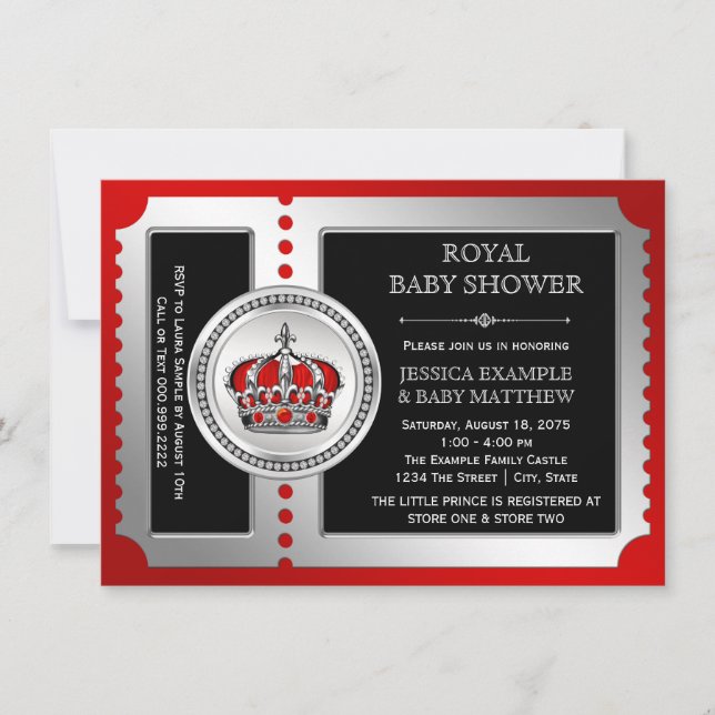 Red Black Silver Prince Baby Shower Invitations (Devant)