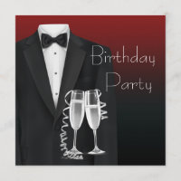 Red Black Tuxedo Mans Anniversaire Invitations